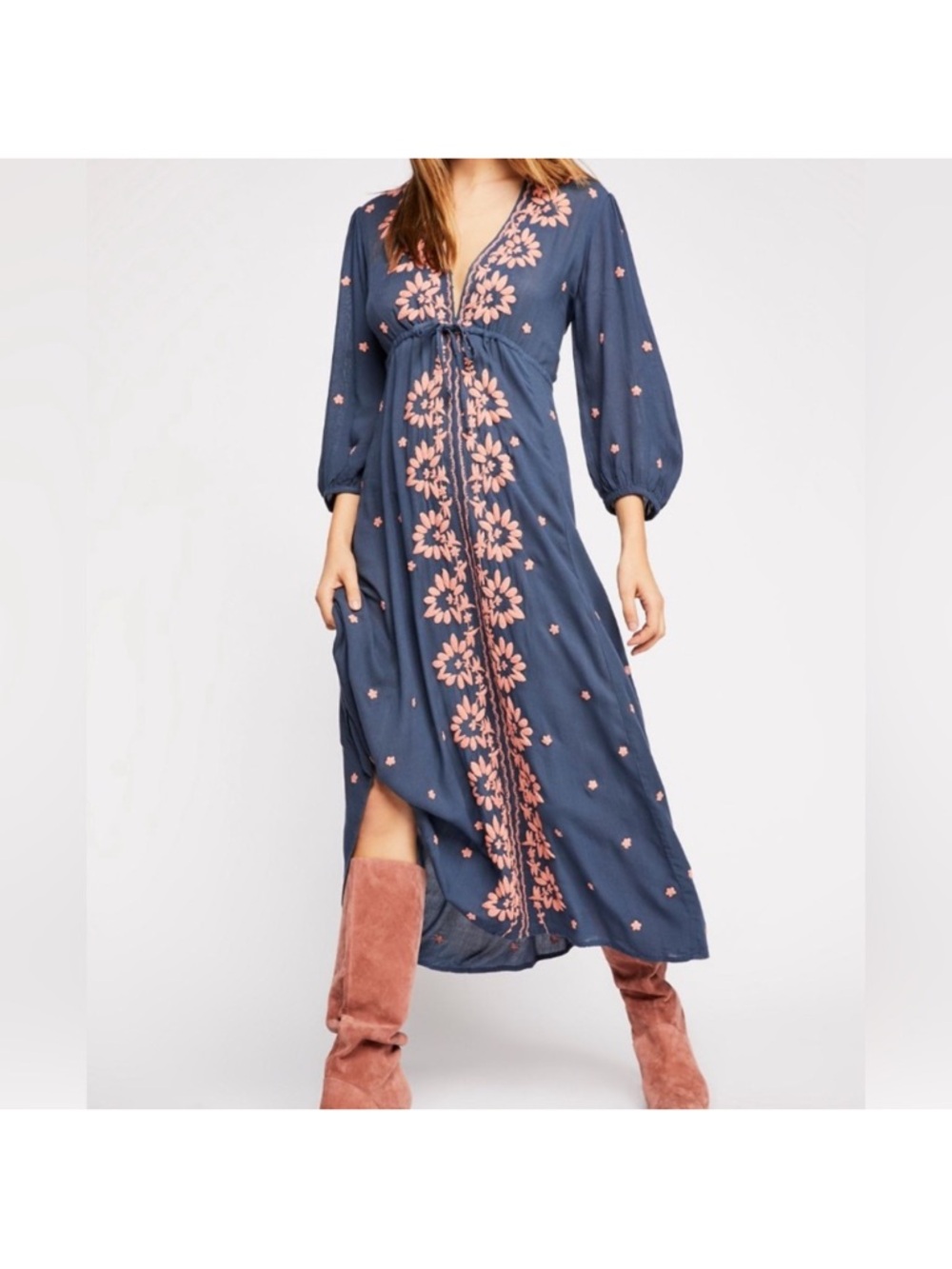 Free People NEW Navy Fable MIDI Dress with Blush Floral Embroidery Sm